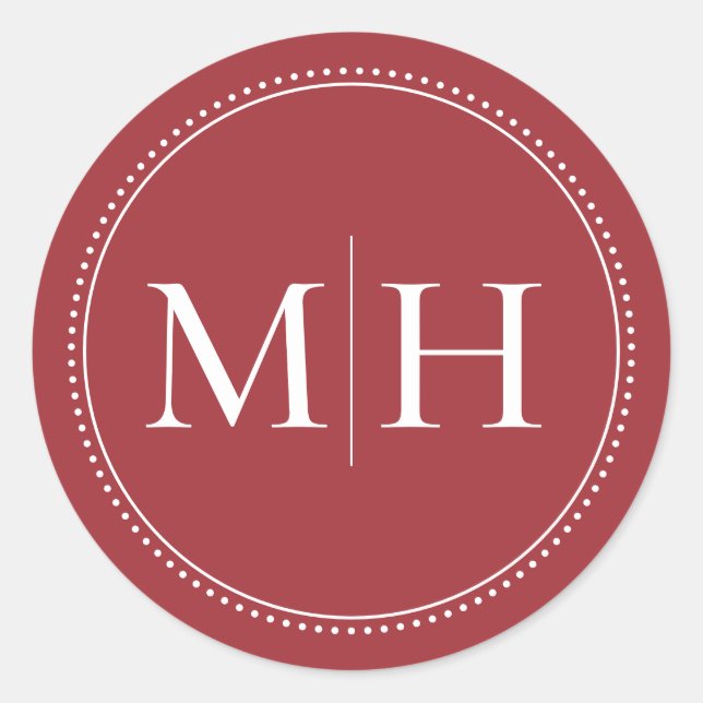Elegant Minimalist Red Monogram Dotted Border Classic Round Sticker (Front)