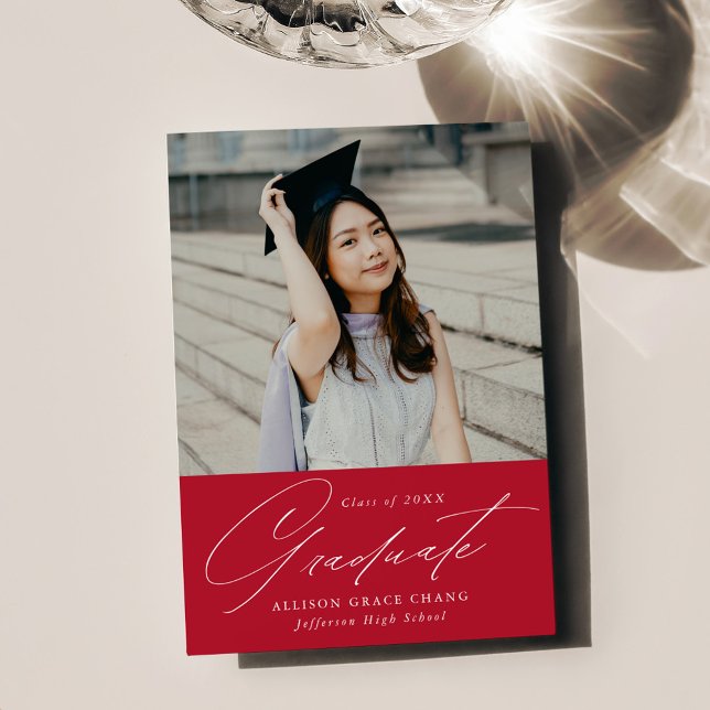 Elegant Minimalist Red Photo Graduation Announcement (Creator Uploaded)