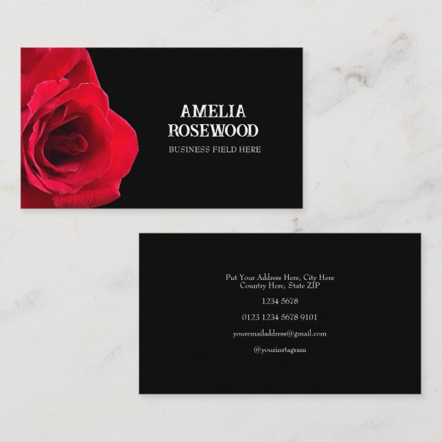 Elegant Minimalist Red Rose on Black Business Card (Front/Back)