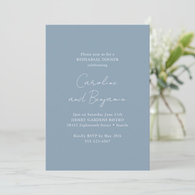 Elegant Minimalist Rehearsal Dinner Dusty Blue Invitation (Standing Front)
