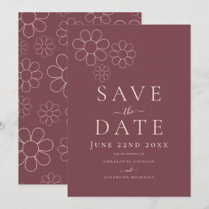 Elegant Minimalist Retro Daisy Burgundy Wedding Save The Date
