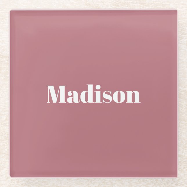 Elegant Minimalist Rose Gold White Name Glass Coaster (Front)