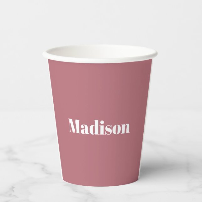 Elegant Minimalist Rose Gold White Name Paper Cups (Front)