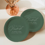Elegant Minimalist Sage Green Graduation Paper Plate<br><div class="desc">Elegant graduation paper plates featuring "Graduate" displayed in a beautiful white script with a dark sage green background. Personalize the graduation plates by adding the graduate's name,  school name,  and graduation year. The personalized graduation paper plates are perfect for both high school and college graduation parties.</div>