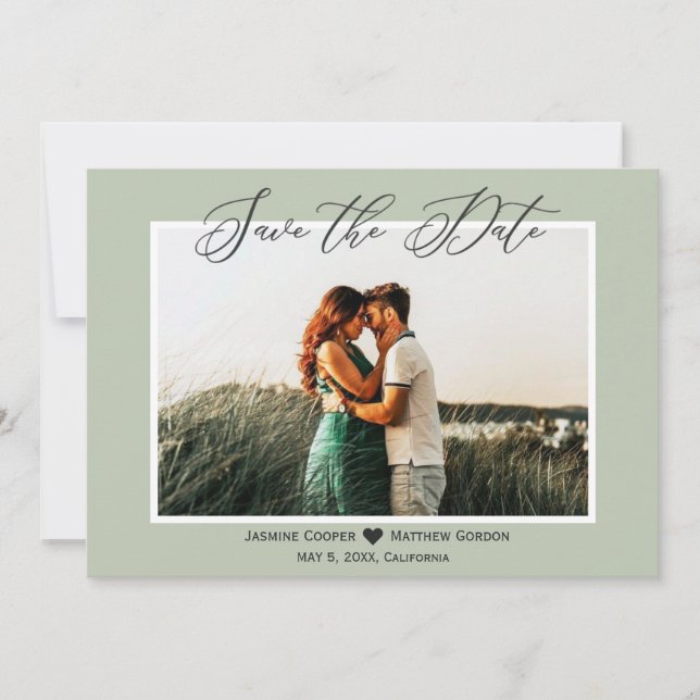 Elegant Minimalist Sage Green Photo Save the Date  (Front)