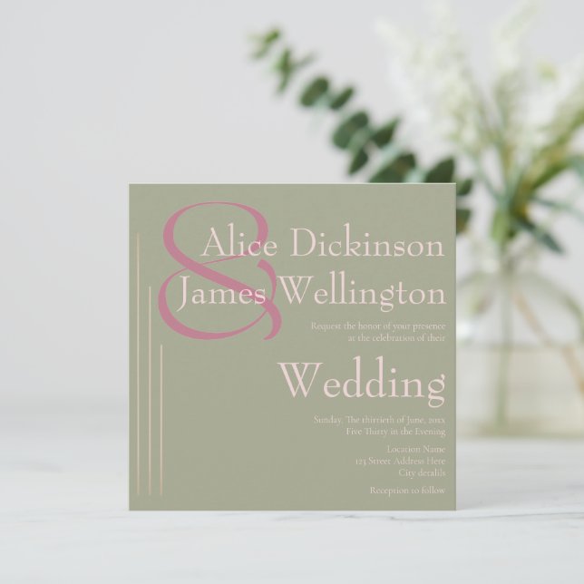 Elegant Minimalist Sage Green & Pink Wedding Invitation (Standing Front)