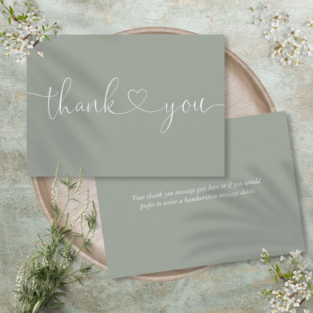 Elegant Minimalist Sage Green Script Heart Thank You Card (Elegant Minimalist Sage Green Script Heart Thank You Card)