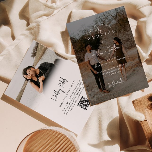 Elegant Minimalist Script 2 Photo QR code Wedding  Invitation (Creator Uploaded)