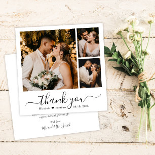 Elegant Minimalist Script 3 Photo Collage Wedding Thank You Card