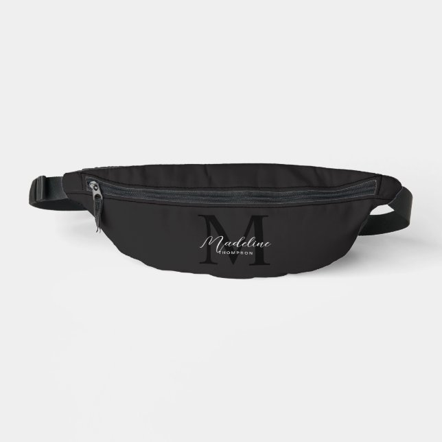 Elegant Minimalist Script Black Monogram Bum Bags (Front)