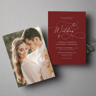 Elegant Minimalist Script Burgundy Photo Wedding Invitation