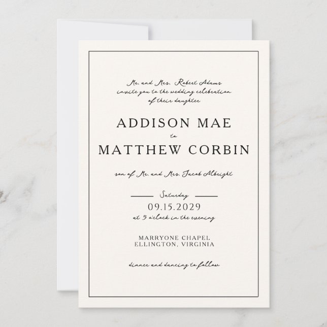 Elegant Minimalist Script Cream Wedding Invitation (Front)