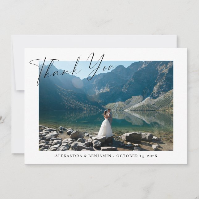 Elegant Minimalist Script Custom Wedding Photo Thank You Card (Front)