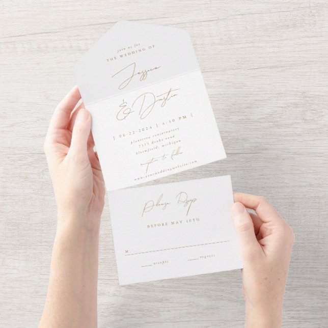 Elegant Minimalist Script Gold Wedding All In One Invitation (Tearaway)