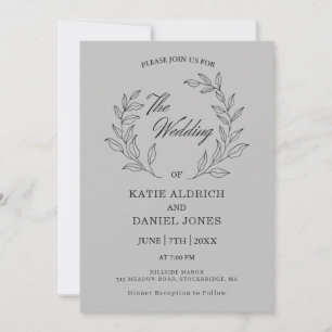 Elegant Minimalist Script Leaf Wedding Light Grey Invitation