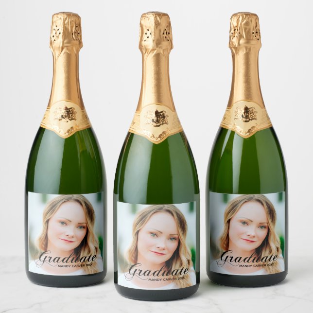 Elegant Minimalist Script Photo Graduation Party Sparkling Wine Label (Bottles)