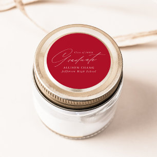 Elegant Minimalist Script Red Graduation Classic Round Sticker