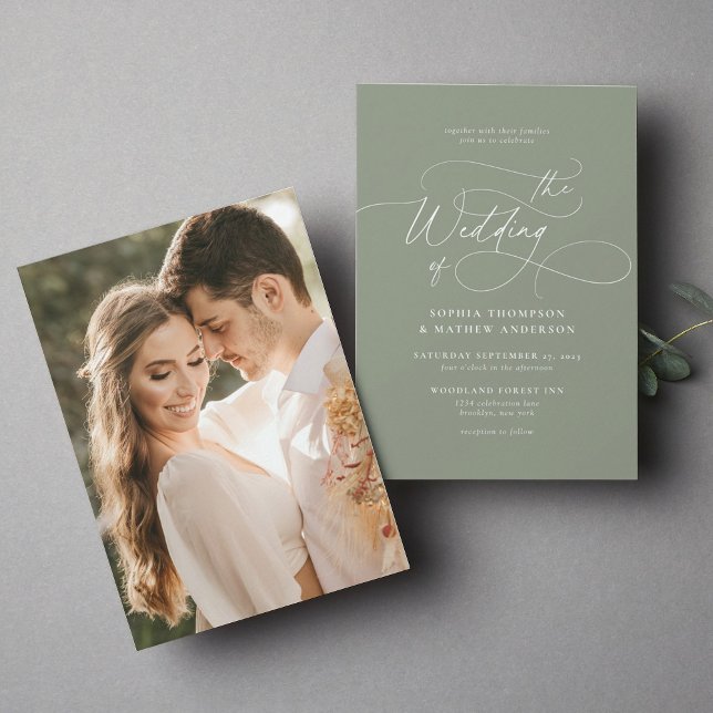 Elegant Minimalist Script Sage Green Photo Wedding Invitation (Creator Uploaded)