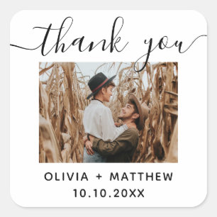 Elegant minimalist script wedding thank you photo square sticker