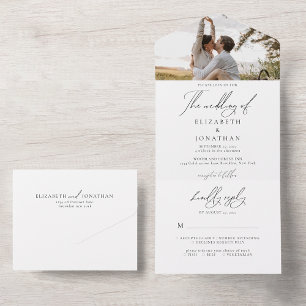 Elegant Minimalist Script White Photo Rsvp Wedding All In One Invitation
