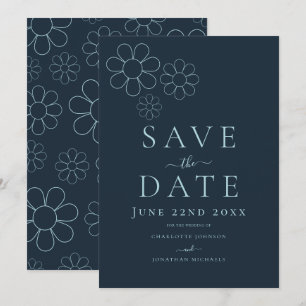 Elegant Minimalist Simple Daisy Navy Blue Wedding Save The Date