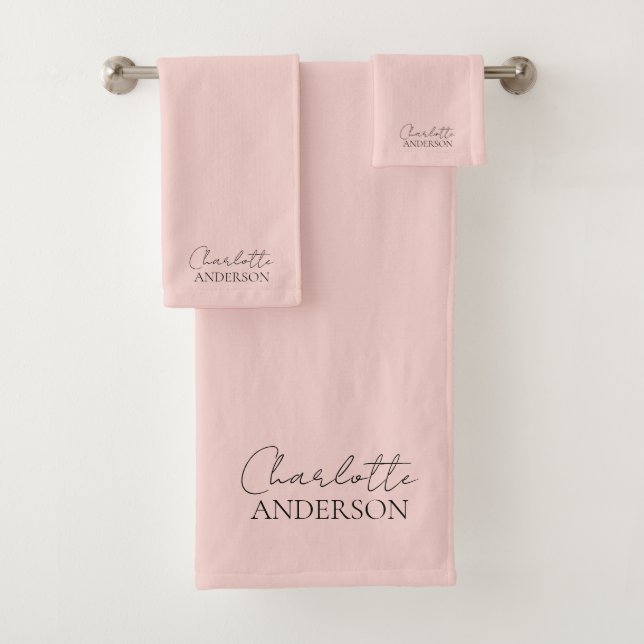 Elegant Minimalist Simple Name Blush Pink Bath Towel Set (Insitu)