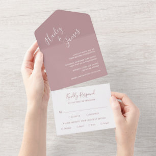 Elegant Minimalist Simple Pink Dusty Rose Wedding All In One Invitation