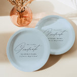 Elegant Minimalist Sky Blue Graduation Paper Plate<br><div class="desc">Elegant graduation paper plates featuring "Graduate" displayed in a beautiful black script with a light blue background. Personalise the graduation plates by adding the graduate's name,  school name,  and graduation year. The personalised graduation paper plates are perfect for both high school and college graduation parties.</div>