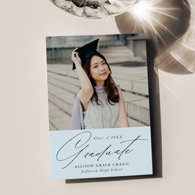 Elegant Minimalist Sky Blue Photo Graduation Announcement (Creator Uploaded)