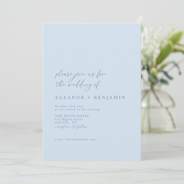 Elegant Minimalist Soft Blue Chic Script Wedding Invitation (Standing Front)