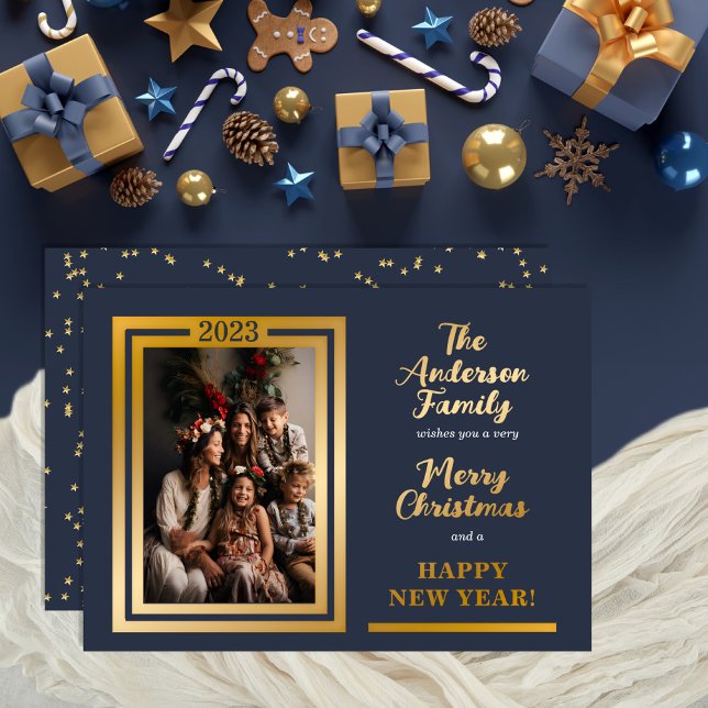 Elegant Minimalist | Stars | Merry Christmas Photo Foil Holiday Card (Classy and elegant one photo real gold foil "Merry Christmas" and "Happy New Year" design.)