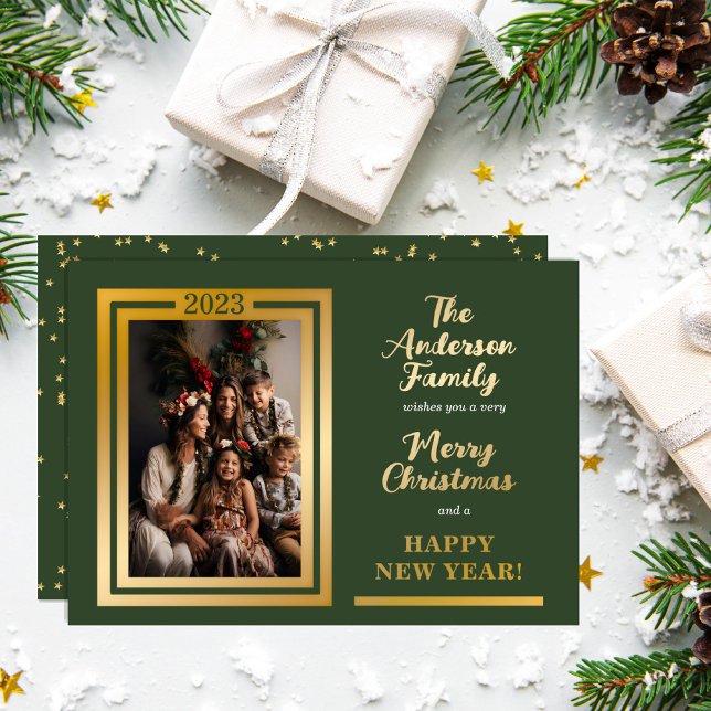 Elegant Minimalist | Stars | Merry Christmas Photo Holiday Card (Classy and elegant one photo faux gold "Merry Christmas" and "Happy New Year" design.  Text is matte)