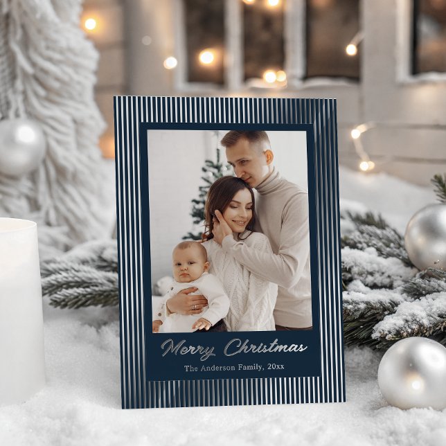 Elegant Minimalist Striped Navy Blue Christmas Foil Holiday Card (Creator Uploaded)
