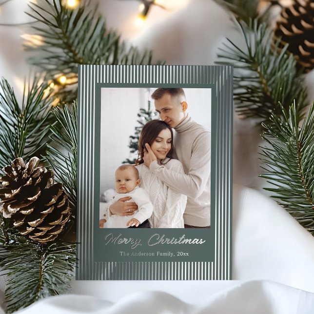 Elegant Minimalist Striped Sage Green Christmas Foil Holiday Card (Creator Uploaded)