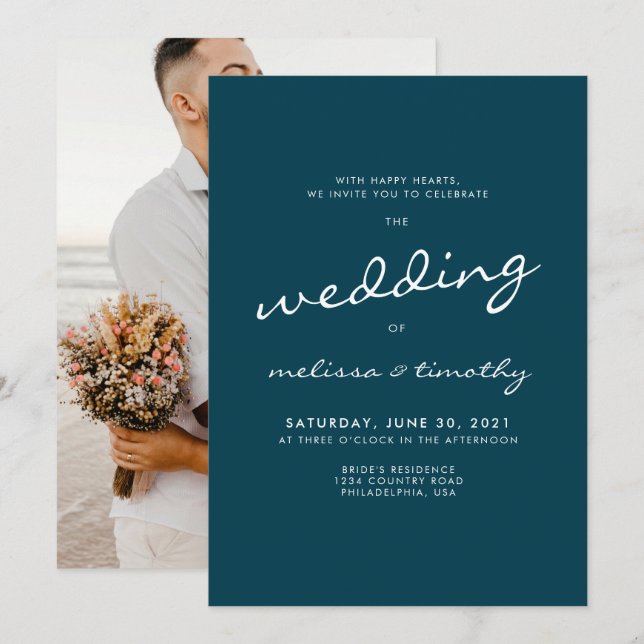 Elegant Minimalist Teal Blue Photo Wedding Invitation (Front/Back)