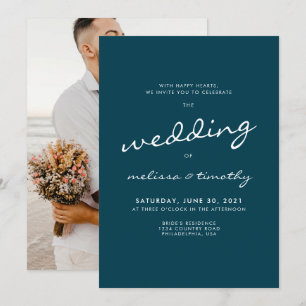 Elegant Minimalist Teal Blue Photo Wedding Invitation