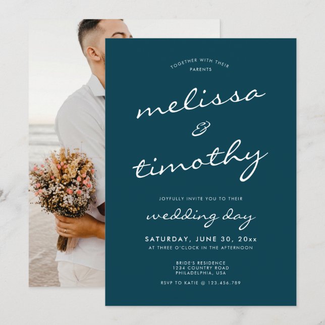 Elegant Minimalist Teal Blue Wedding Invitation (Front/Back)