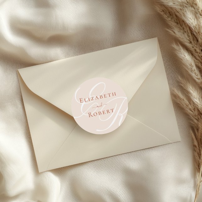 Elegant Minimalist Terracotta Monogram Wedding Classic Round Sticker (Elegant Minimalist Terracotta Monogram Wedding Classic Round Sticker on an elegant envelope)
