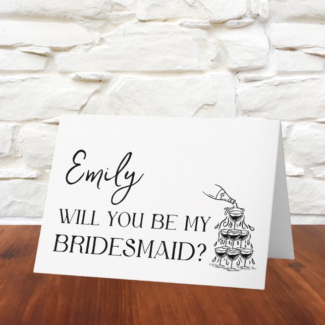 Elegant, Minimalist, Timeless Bridesmaid Proposal Card (Personalize this chic bridesmaid proposal card with a stylish champagne tower for a modern wedding.)