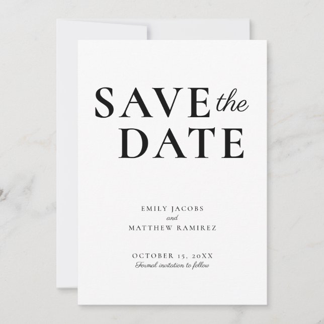 Elegant Minimalist Traditional Script Black White Save The Date (Front)