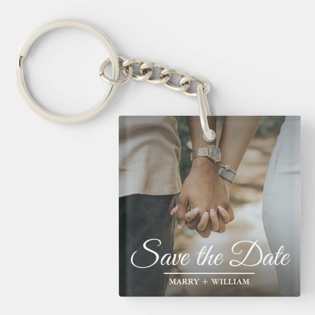 Elegant Minimalist Trendy Save The Date Photo Gift Key Ring (Front)