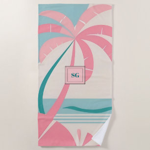 Elegant Minimalist tropical pink teal monogram  Beach Towel