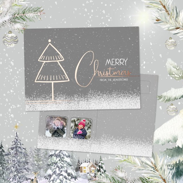 Elegant Minimalist Two Photo Rose Gold Christmas Foil Holiday Card (Elegant Minimalist Tree Foil Postcard ©Susanne Sachers - Sunny Mind 🌞)