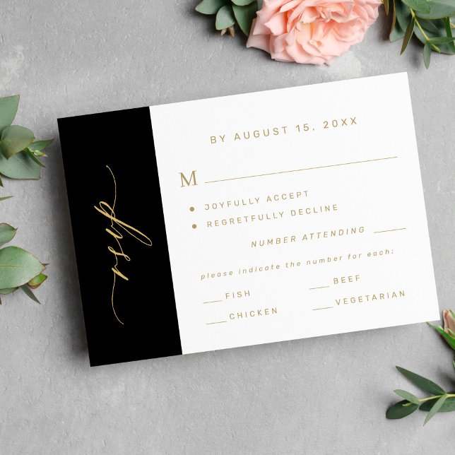 Elegant minimalist typography gold black wedding RSVP card (Creator Uploaded)