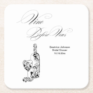 Elegant Minimalist Vino Before Vows Bridal Shower Square Paper Coaster
