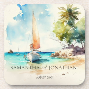 Elegant minimalist watercolor boat cruise wedding  coaster