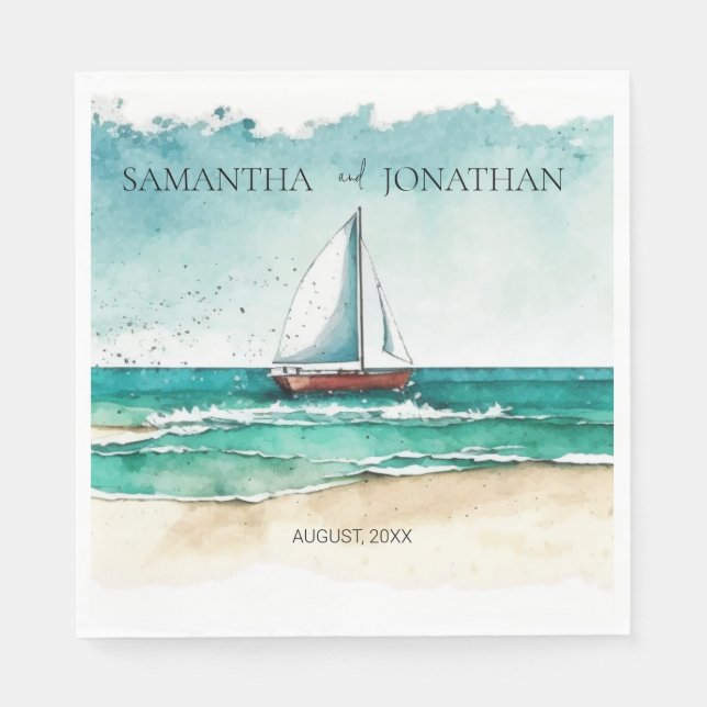 Elegant minimalist watercolor boat cruise wedding  napkin (Front)