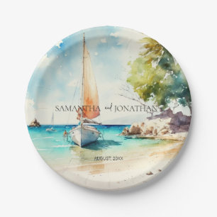 Elegant minimalist watercolor boat cruise wedding  paper plate