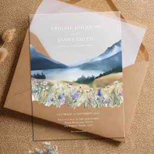 Elegant Minimalist Watercolor Mountain Wedding  Acrylic Invitations