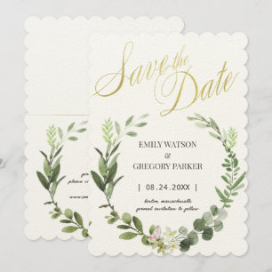 Elegant Minimalist Watercolor Palm  Wreath Save The Date